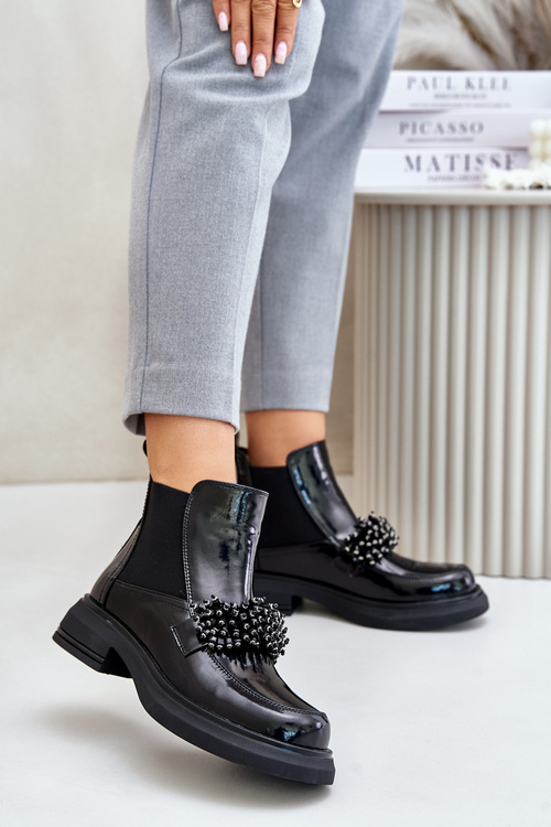 Leather Patent Ankle Boots With Decoration Slip On Warm Black Solimav