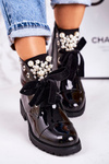 Insulated Boots With Pearls And Ribbon Patent Black Perla