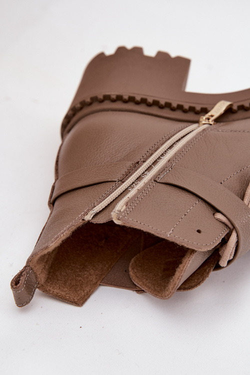 Damskie Botki Skóra Ozdobny Pasek Obcas Klocek Ocieplane Ciemnobeżowe Zazoo 60557