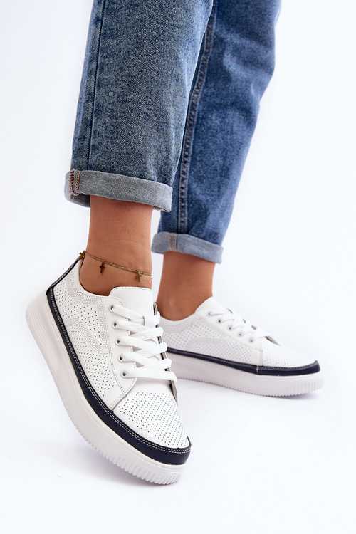 Buty Sportowe Sneakersy Damskie Skóra Failla Biało-Granatowe SP 020