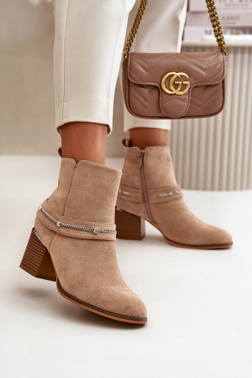 Warm Women's Heeled Boots with Chain Eco Suede Beige Hanalen