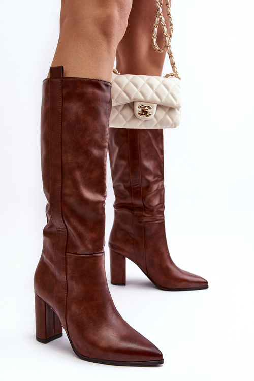 Lined Women's Over-the-Knee Boots with Block Heel Brown Genzani