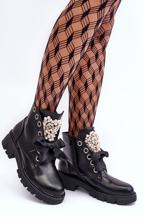 Leather Embellished Low Boots On A Flat Heel Black Binga