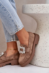 Eco Suede Women's Moccasins With Decorative Brooch Dark Beige Valiana