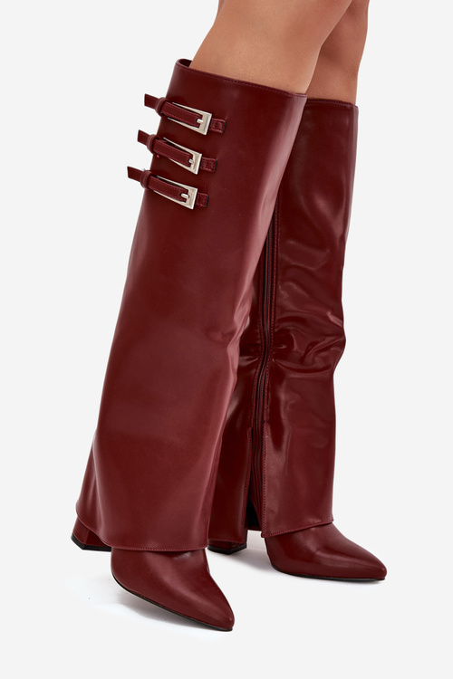 Women's Heeled Boots Turned Shaft Straps With Buckles Burgundy Nirisa