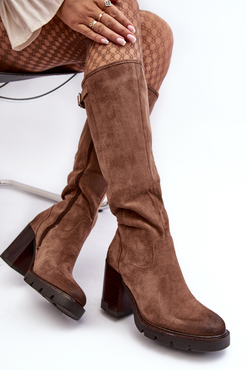 Women's Chunky Heel Boots with Padded Dark Beige Alzeta