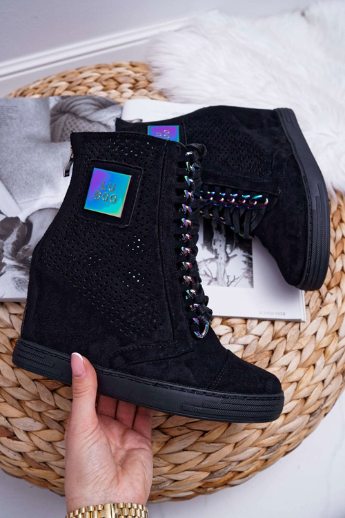 Women's Lu Boo Openwork Suede Sneakers Black Clamma