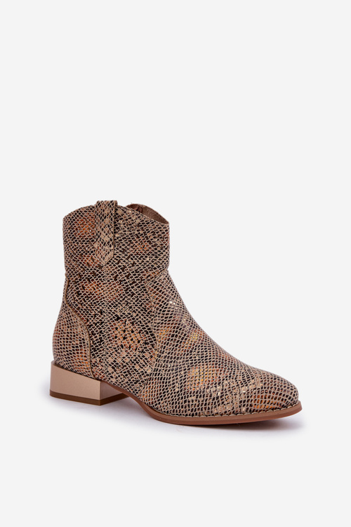 Lace Up Women's Ankle Boots On Low Heel Decorated With Animal Pattern Gold Neliawen