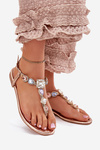 Womens sandals on flat heel with crystals rose gold Fiolalia