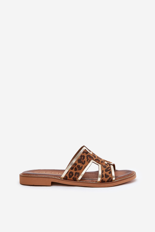 Leather Flat Slippers With Panther Print Zazoo 40383 Brown