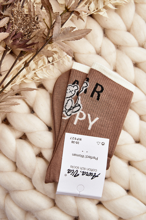 Women's Cotton Socks with Text and Teddy Bear Light Brown