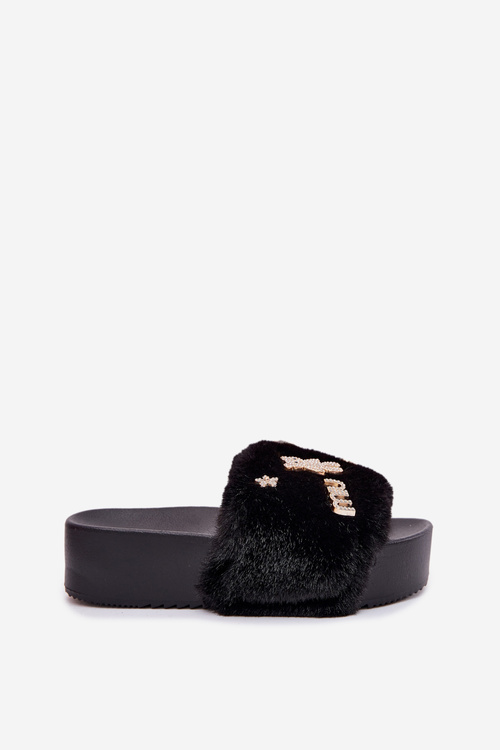 Ladies Platform Slippers With Fur And Gold Clips Black Livira