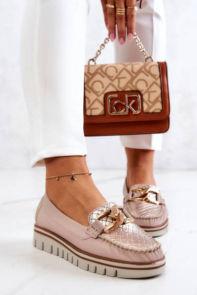 Women's Leather Loafers On Platform Beige Venesia