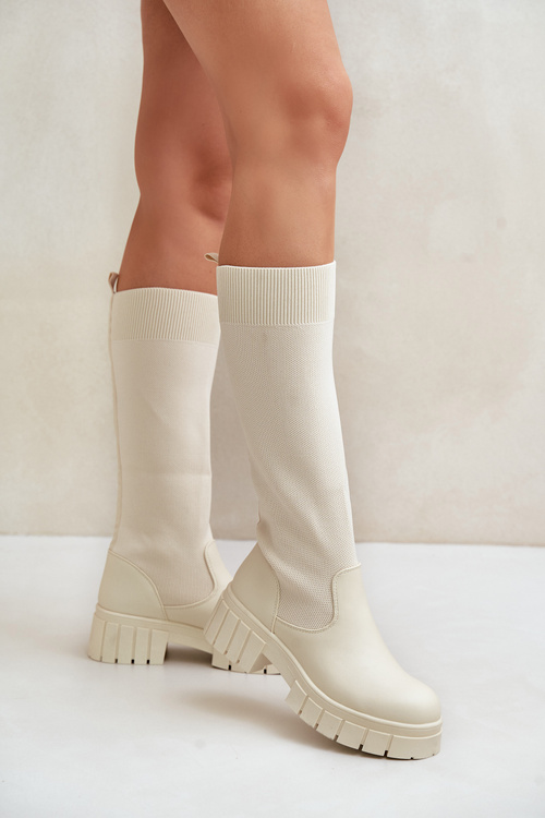Knee Boots With Elastic Shaft On Flat Heel Light Beige Mesidra