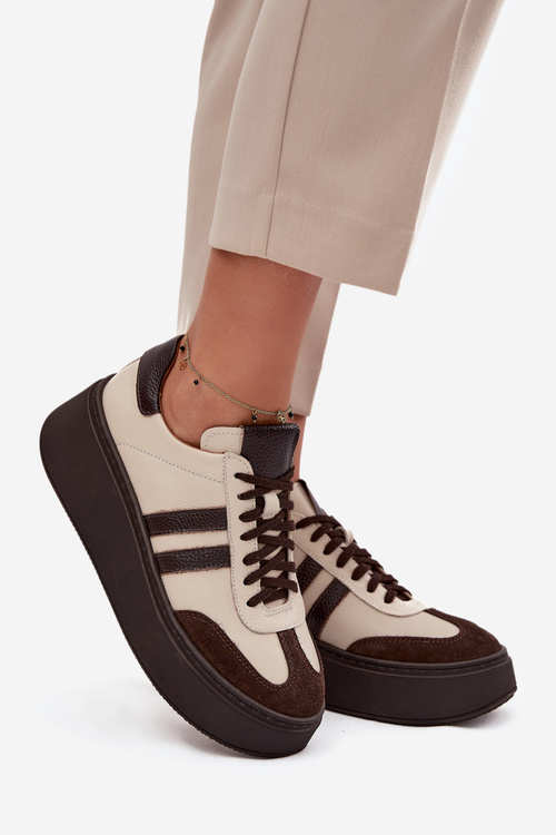 Leather Women's Sneakers On Platform Zazoo 3775 Beige Chocolate