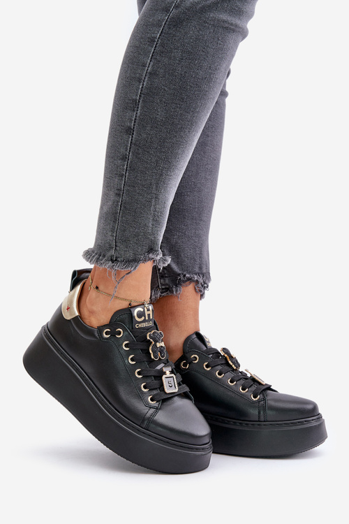 Damskie Sneakersy Przypinki Skóra Naturalna Platforma Czarne CheBello 4596