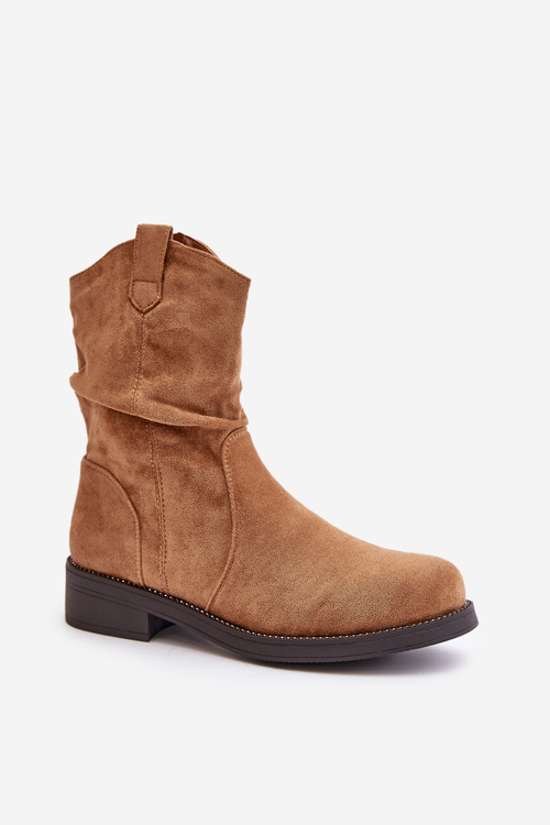 Warm Women's Ankle Boots With Gathered Shaft And Decoration Camel Etteara