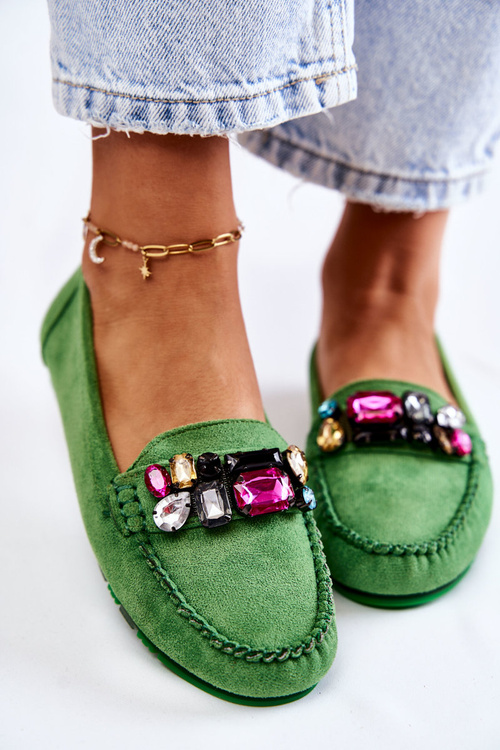 Mokasyny Damskie Zamsz Ozdoby Zielone Janetta
