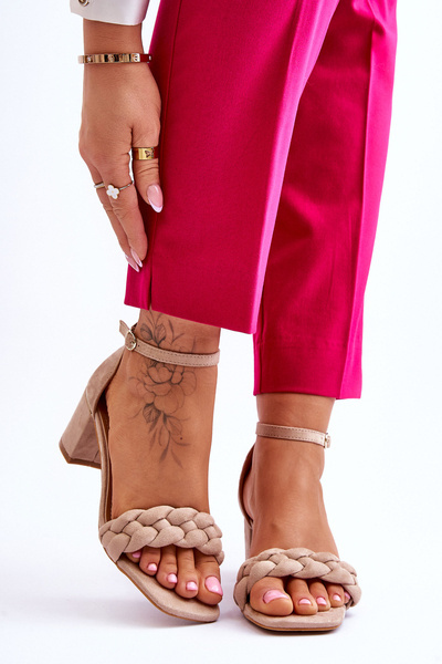 Suede High Heel Sandals With Decorative Braids Beige Azela