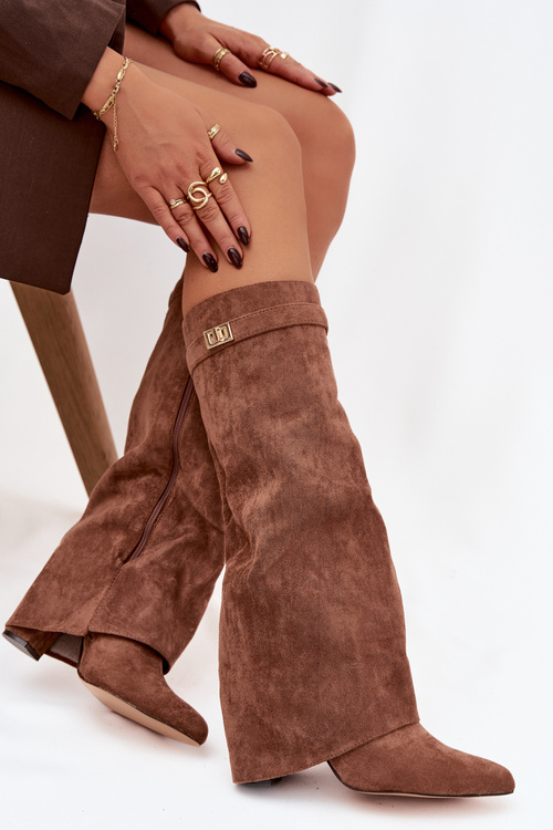 Evo eco suede boots heel column with zipper lined rolled shaft dark beige Evyra