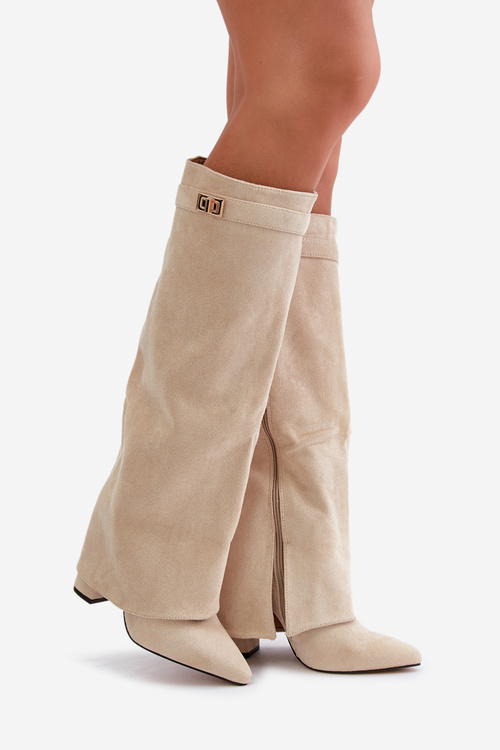 Women's Eco Suede Boots With Rolled Top On Heel Beige Bralise