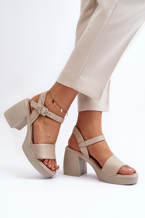 Sandały Damskie Na Klocku Skóra Beżowe Zazoo 40386