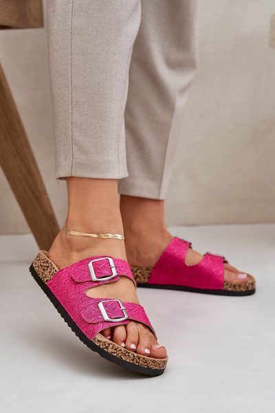 Fabric sandals on cork sole with buckles fuchsia Atera