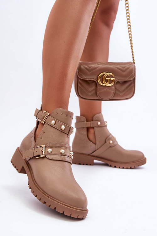 Women's Trapper Boots with Pearls Beige Klarisa