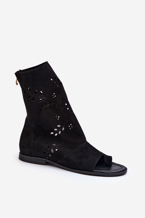 Zazoo 3437 Women's Suede Sandals With Zippered Shaft Black