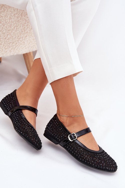 Embellished Women's Ballerinas With Strap And Buckle Black Avirae