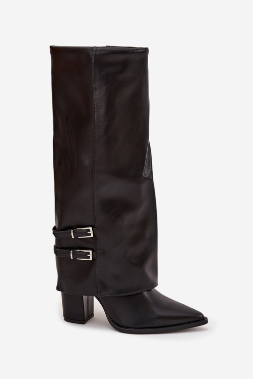Women's High Heeled Boots with Turned-Up Shaft and Buckles Jessae Black