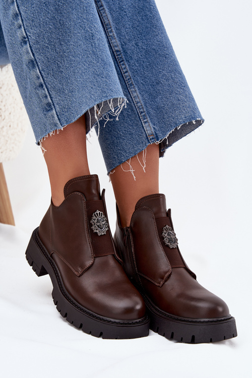 Botki Damskie Na Zamek Ocieplane Niskie Ozdoba Brązowe Lavira