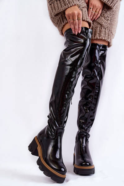 Fashionable Patent Leather Women's Boots Over The Knee Black Venise