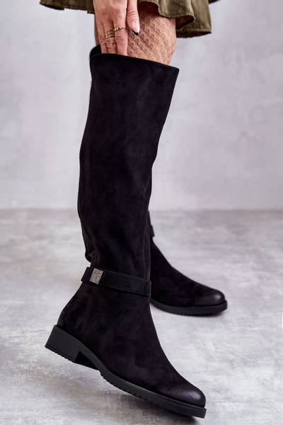 Women's Suede Flat Heel Boots Black Henrike