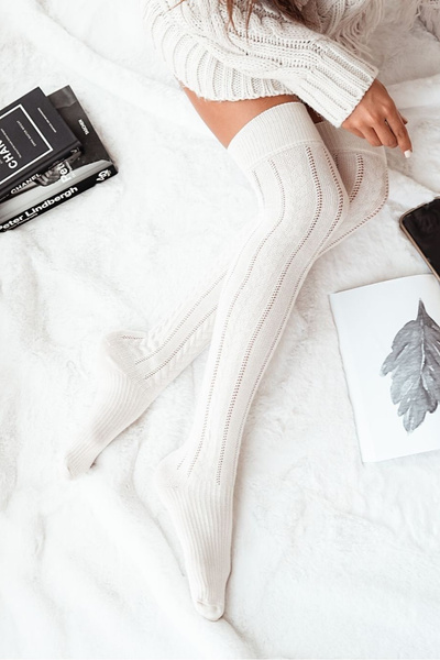 Damskie Zakolanówki Ażurowe Warkocz Ecru