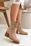 Openwork ankle boots with block heel made of eco suede zip closure dark beige Sevana