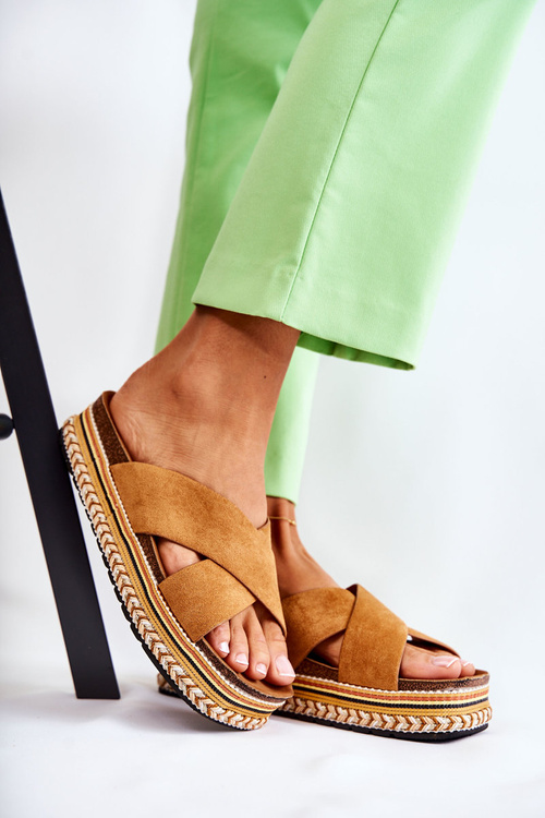 Klapki Damskie Zamsz Platforma Camel Jossie