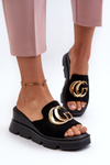 Women's Slippers Made Of Eco Suede On Wedge And Platform With Gold Decoration Vinceza 58295 Black