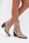 Ladies warm ankle boots on a heel with straps and a decorative detail beige Neria