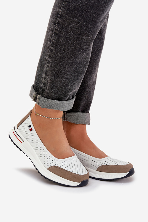 Baleriny Na Koturnie Skóra Naturalna Białe Nelviera