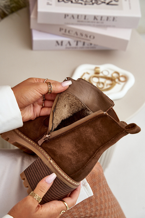 Damskie Botki Na Słupku Ocieplane Eko Zamszowe Brązowe Irissinae