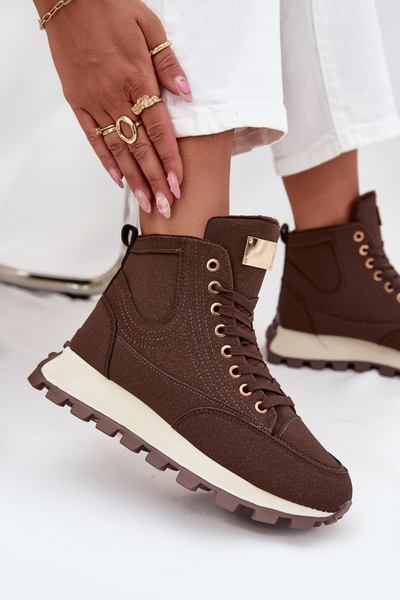 Damskie Trapery Ocieplane Sznurowane Platforma Brązowe Marivira