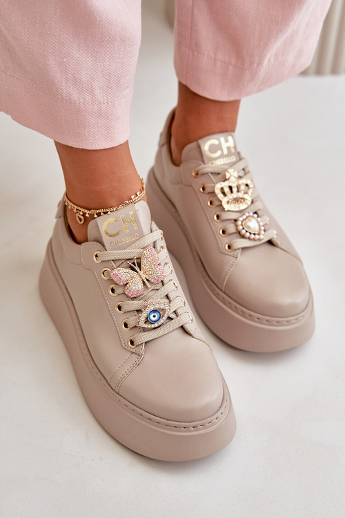 Sneakersy Damskie Skóra Naturalna Ozdoby CheBello 4585 Beżowe