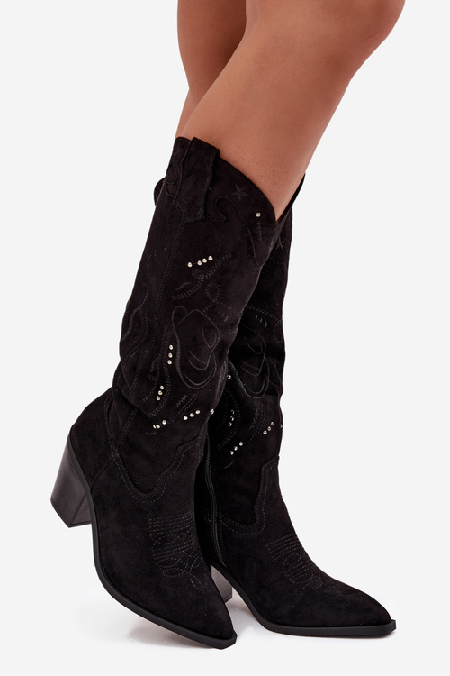 Damskie Kozaki Kowbojki Eko Zamszowe Obcas Czarne Coretta