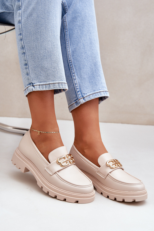 Eko Skórzane Mokasyny Damskie Z Ozdobą Beżowe Trionna