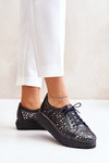 Półbuty Skórzane Ażurowy Wzór Platforma Czarne Zazoo 2973