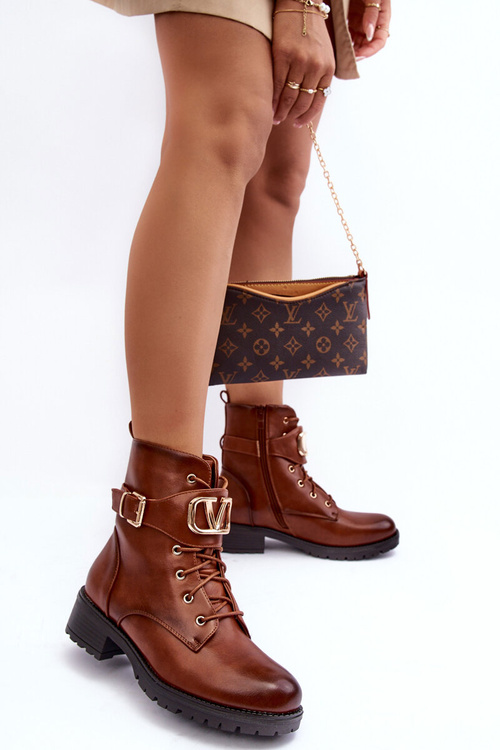 Botki Workery Ocieplane Złota Klamra Brązowe NC1055