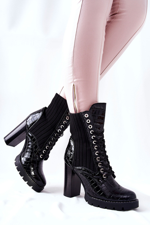 Women's Boots On High Heel Crocodile Pattern Black Erdogan