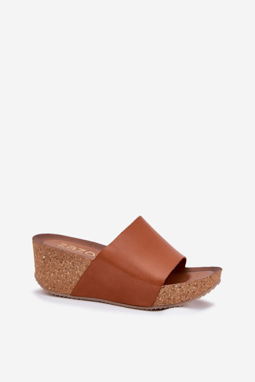 Klapki Damskie Na Korkowym Koturnie Skórzane Brązowe Zazoo 40291