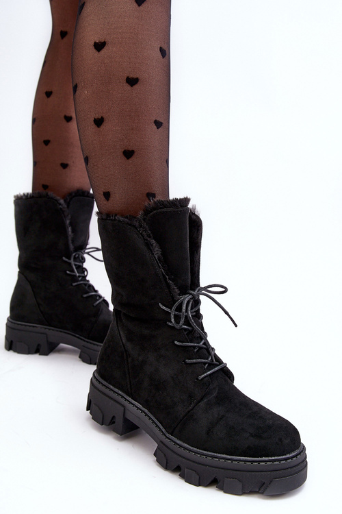 Suede Lace-Up Boots with Faux Fur Workery Black Frendo